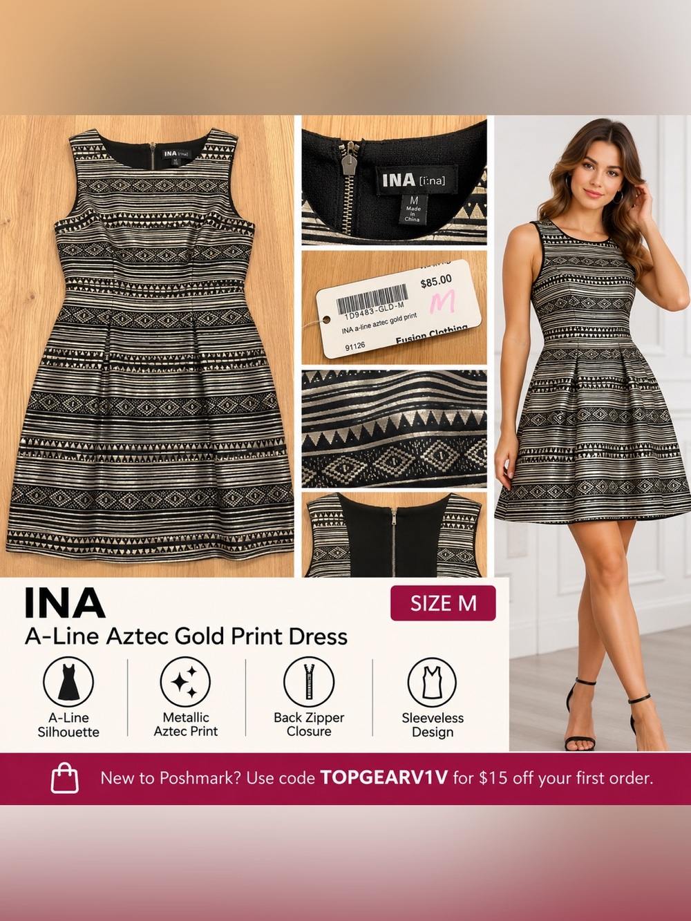 Ina Black and White Geometric Sleeveless Sheath Dress